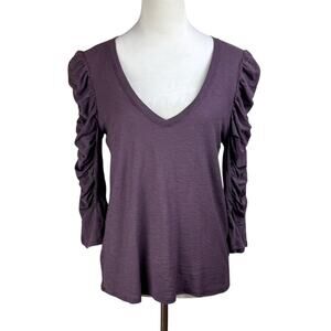 Nation LTD Dark Brown Puff 3/4 Sleeve V-Neck Ribbed Collar Lightweight Thin Top